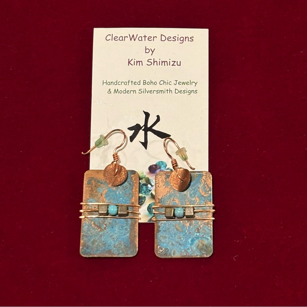 Handcrafted Copper And Blue Rectangular Earrings.… - image 3